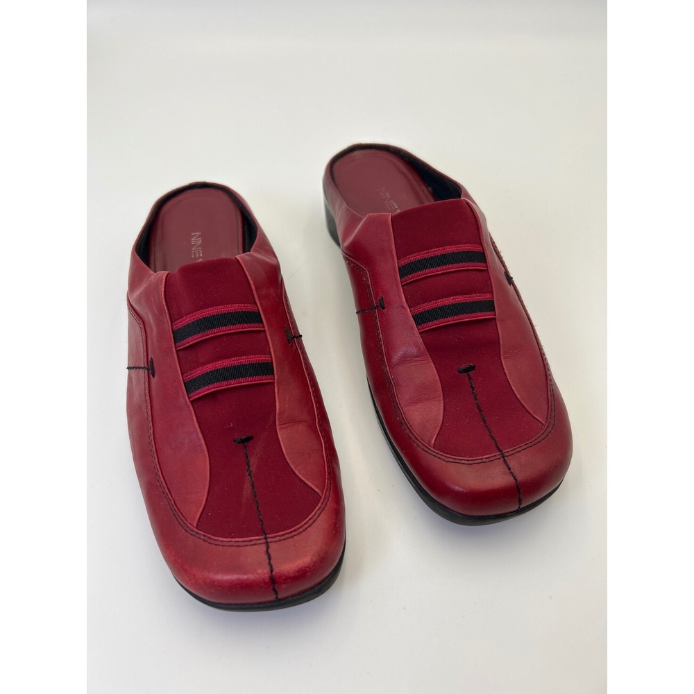 Nine West Renny Red Leather Slide Mules Womens 7.5 Square Low Wedge 90's Heels - Picture 2 of 13